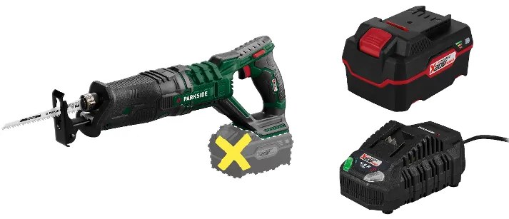 Parkside® Aku chvostová píla 20 V Pssa 20-Li B2 + Akumulátor 20 V/4 Ah PAP 20 B3 + Nabíjačka akumulátora 20 V/4,5 A PLG 20 C3 (800011214)