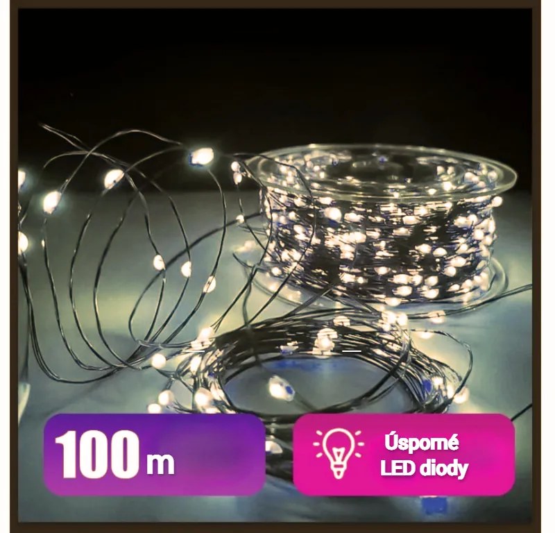 Vonkajšia vianočná mikro reťaz, teplá biela, 100m, 1000 LED, 8 programov
