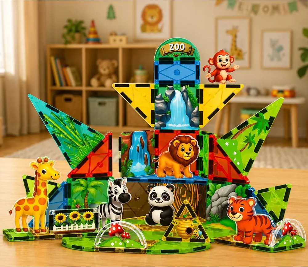 LEAN Toys Magnetické stavebné kocky – Divoké zvieratá, džungľa, ZOO, 52 ks