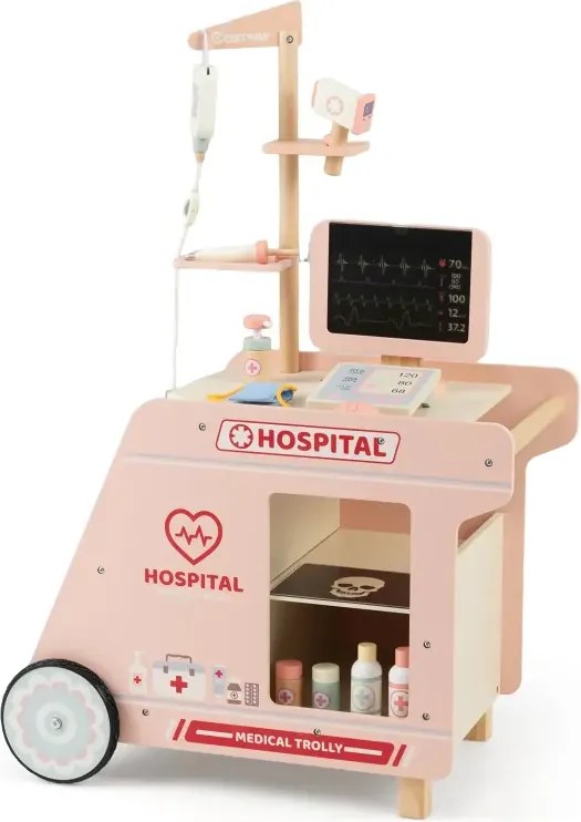 Drevená lekárska vozík na hranie s vozíkom, CT prístrojom a stetoskopom Detská lekárska súprava Ružová
