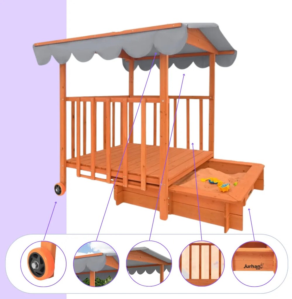 Pieskovisko s verandou HAPPY, 130x130x143 cm, hnedá/šedá Jurhan