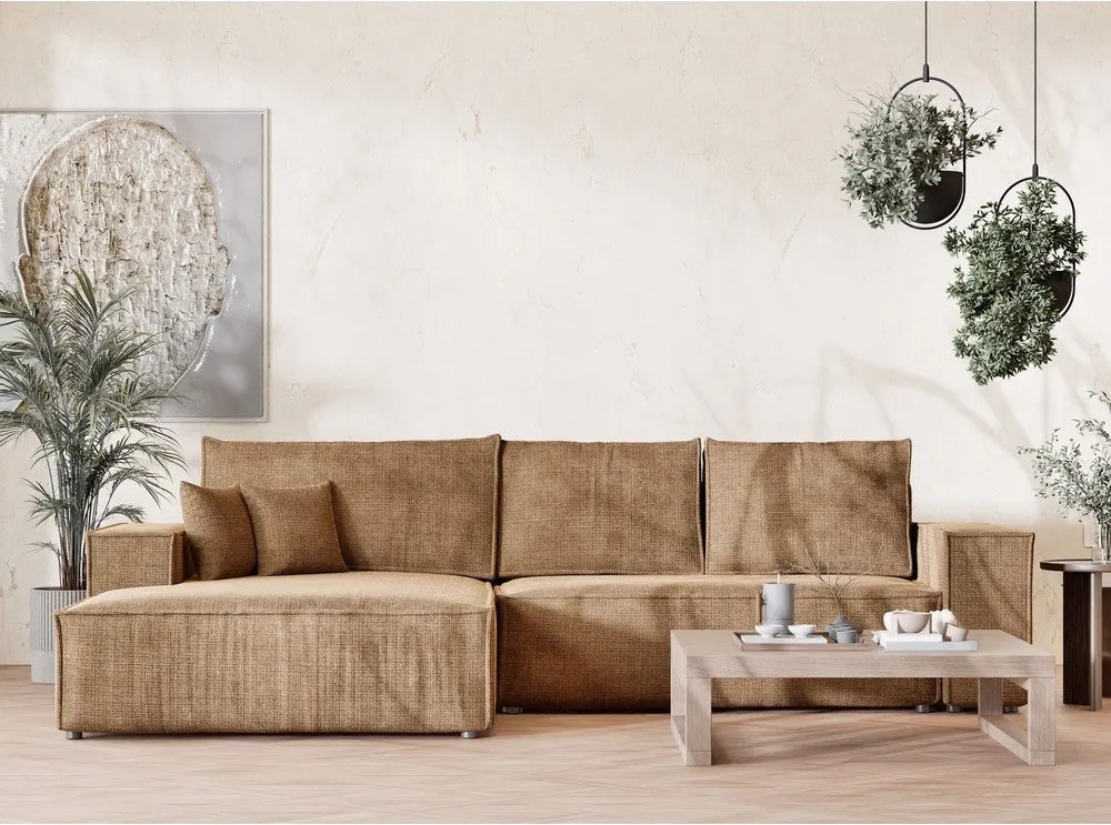 Svetlohnedá ženilková rozkladacia/s úložným priestorom rohová pohovka (ľavý roh/s leňoškou) Maze – Maison de Rêve