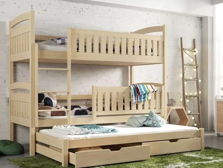 MAXMAX Detská poschodová posteľ z masívu borovice BOHDANA s prístelkou a šuplíky - 200x90 cm - PRÍRODNÁ BOROVICA
