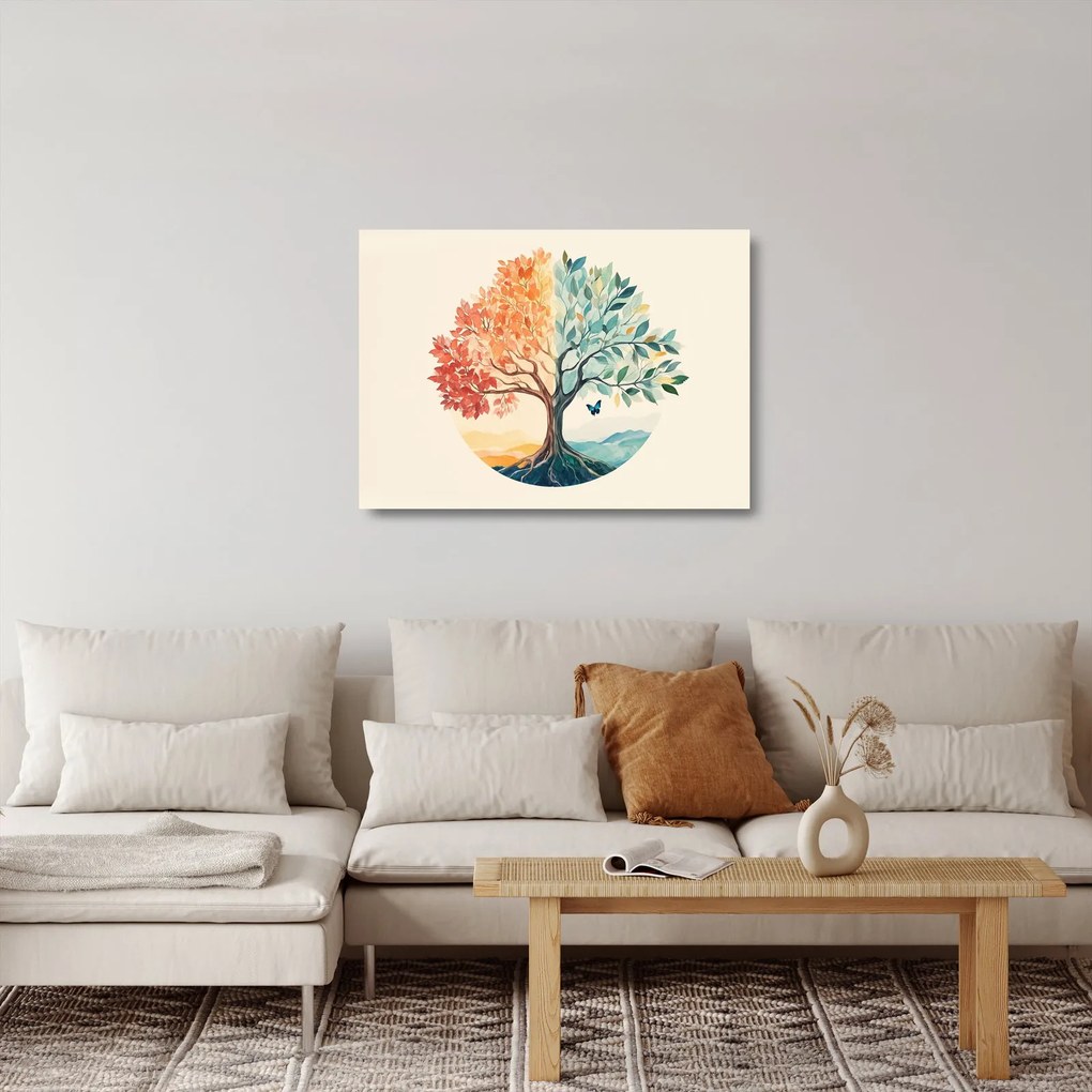 Sklenený obraz – Duálny strom s motýľom (70x50 cm)