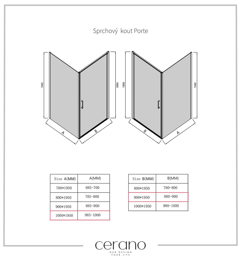Cerano Porte, 1-krídlový sprchovací kút 90x100 cm, 8mm číre sklo, čierny profil, CER-CER-413582