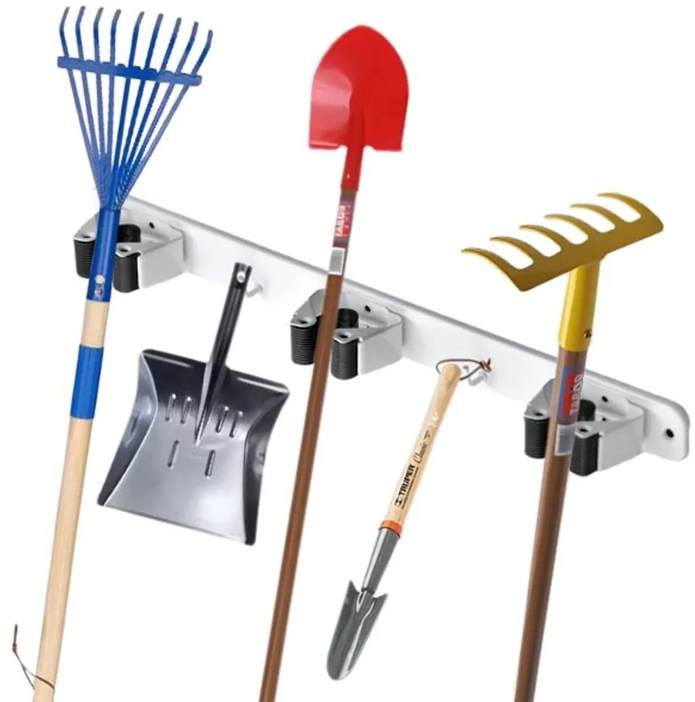 CONFORTIME Držiak na metly, zmetáky, metly a mopy, s háčikmi na zavesenie TRIPLE, biely kov