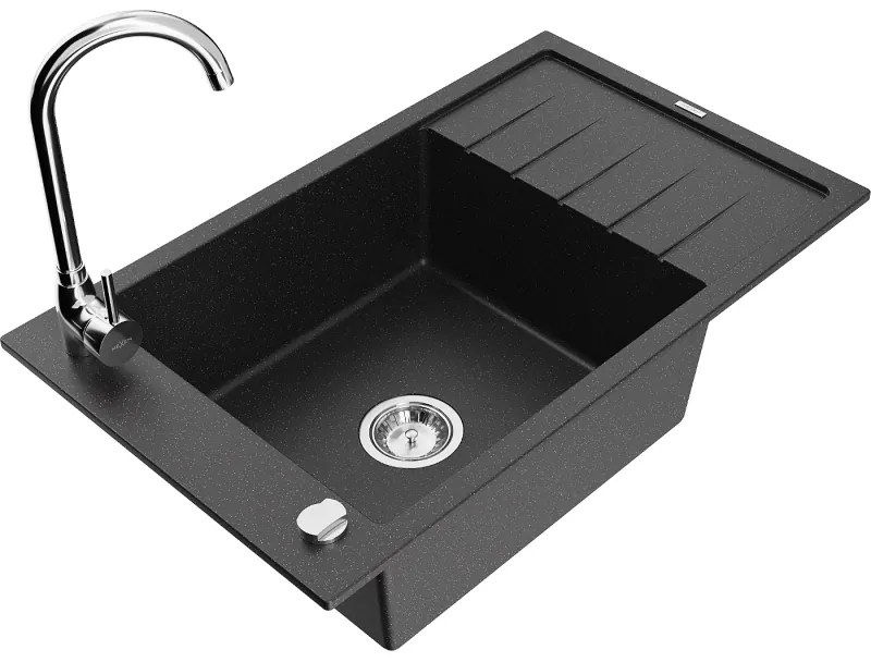 Mexen Elias, 1-komorový granitový drez s odkvapkávačom 80x48 cm a kuchynskou batériou Telma, čierna-strieborná, 6511-73-670200-00