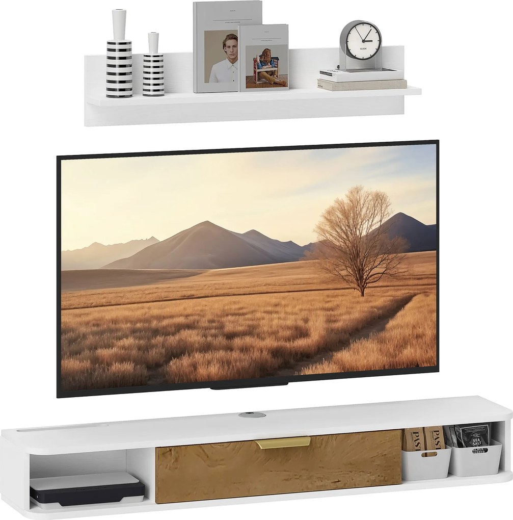 HOMCOM Nábytok do obývacej izby - Stôl pod televízor s poličkou na stenu 120x24x16 cm Biela | Aosom