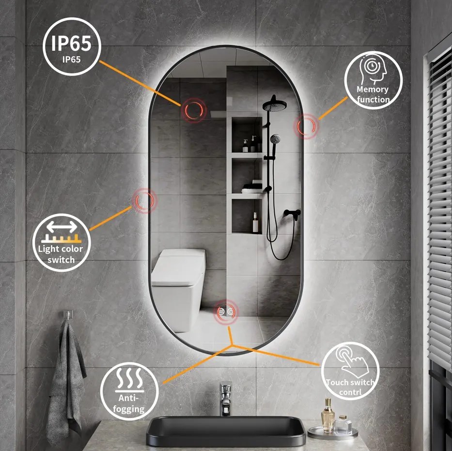 Erga Freya, oválne LED zrkadlo 50x100cm v čiernom kovovom ráme, 3 farby svetla, zadné osvetlenie, vyhrievacia podložka proti zapareniu, ERG-V01-FREYA-5010-BK