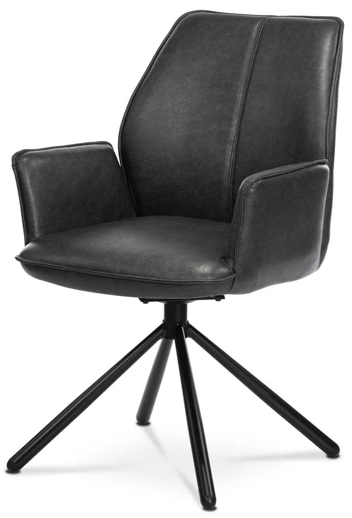 Jedálenská stolička, sivá látka v dekore vintage kože, kov - černý lak, spätný mechanizmus