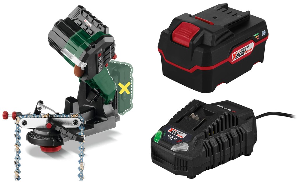Parkside®  Aku brúska na pílovú reťaz Psga 20-Li A1 + Akumulátor 20 V/4 Ah PAP 20 B3 + Nabíjačka akumulátora 20 V/4,5 A PLG 20 C3  (800010570)