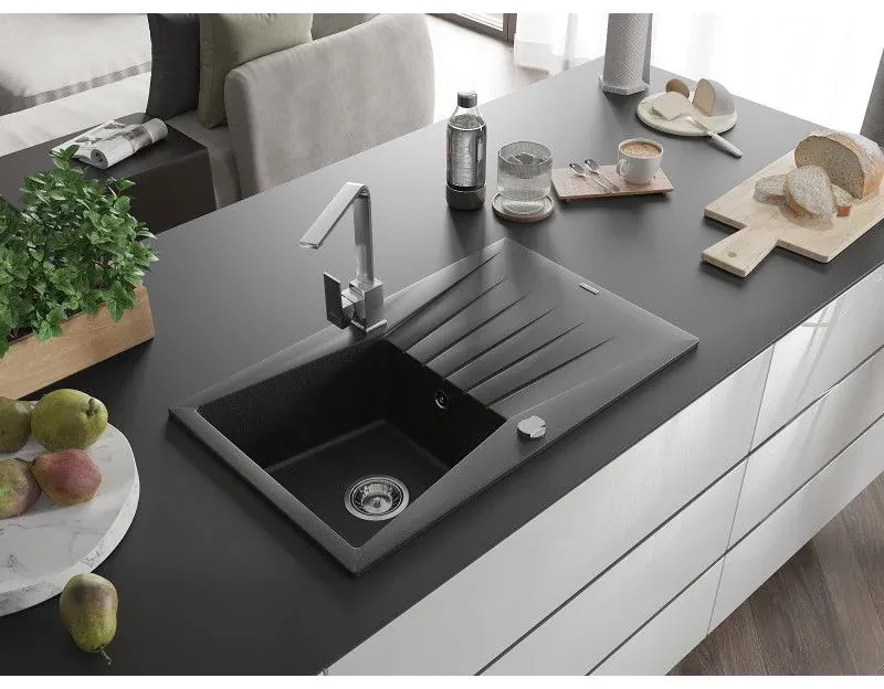 Mexen Cesar, granitový drez 775x470x190 mm, 1-komorový, čierna-strieborná metalíza s chrómovým sifónom a chrómová drezová batéria Rita, 6514-73-670300-00