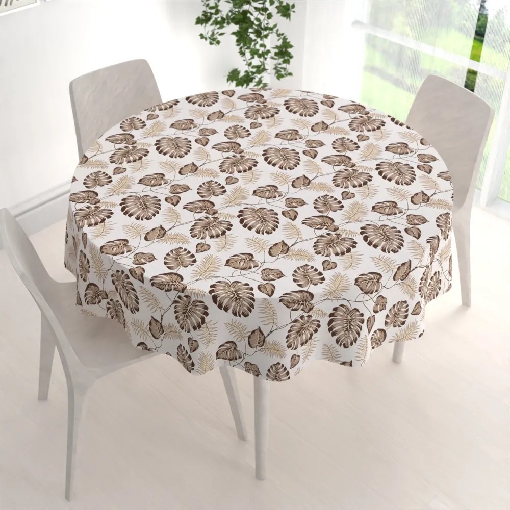 Biante Bavlnený okrúhly obrus Sandra SA-498 Hnedé listy monstery na bielom Ø 80 cm