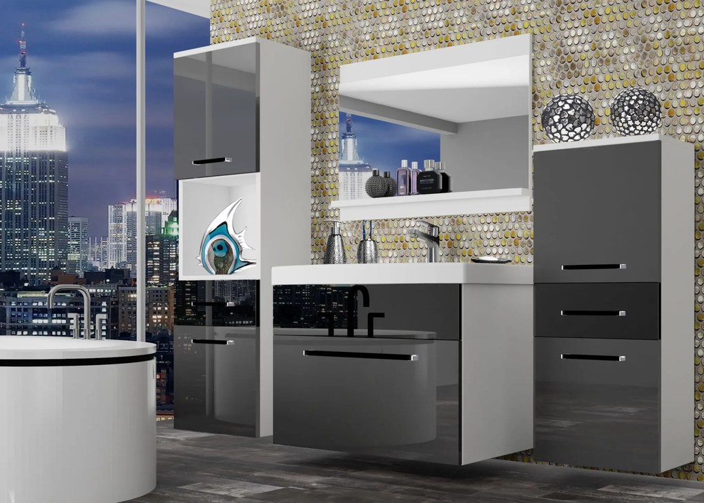 Kúpeľňový nábytok Belini šedý lesk / čierny lesk + umývadlo + zrkadlo ROD P 5/0/W/SB/0/ZW