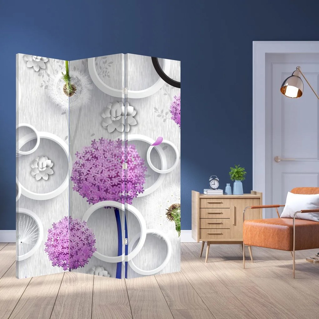 Paraván - 3D abstrakcie s kruhmi a kvetinami (126x170 cm)