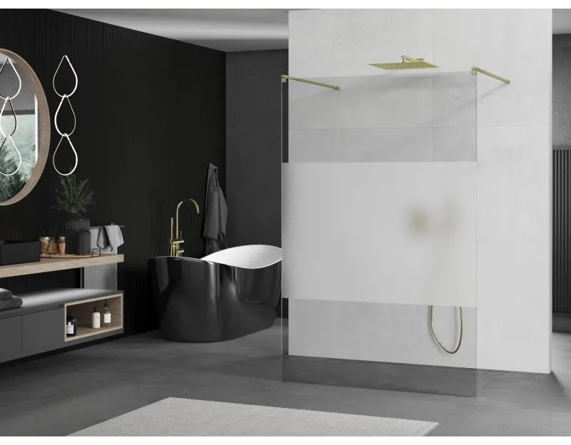 Mexen Kioto, sprchová zástena Walk-In 130 x 200 cm, 8mm číre sklo-námraza, zlatý matný profil, 800-130-002-55-35