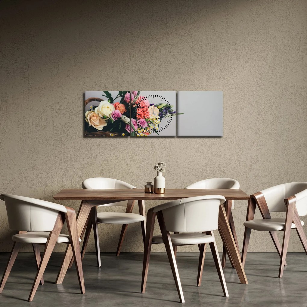 Obraz košíka s kvetinami (s hodinami) (90x30 cm)
