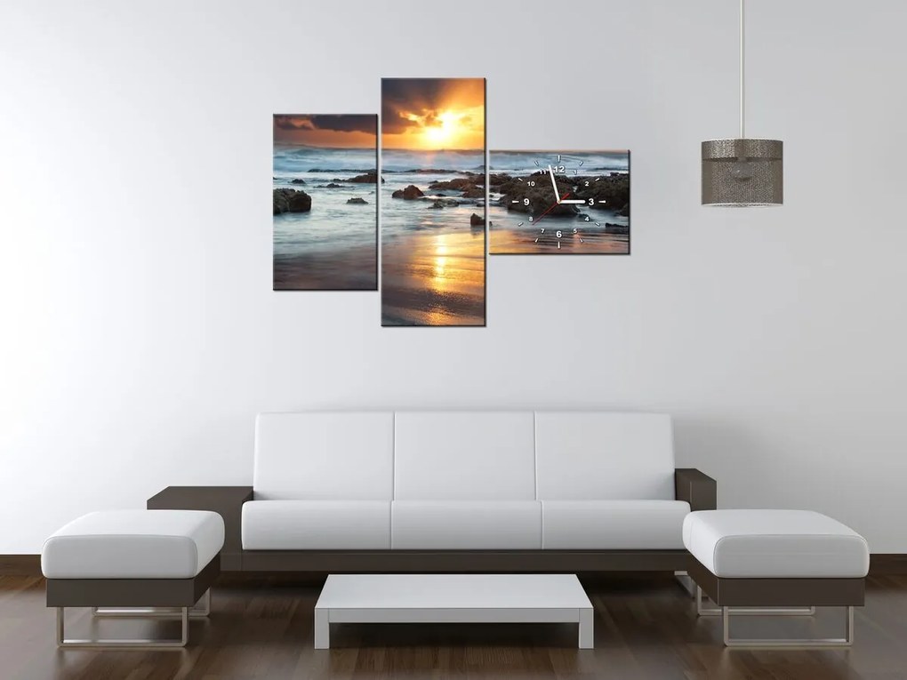 Gario Obraz s hodinami Západ slnka nad oceánom - 3 dielny Rozmery: 80 x 40 cm