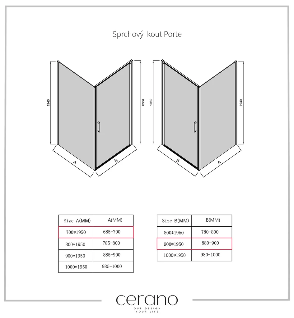 Cerano Porte, 1-krídlový sprchovací kút 90x70 cm, 8mm číre sklo, chrómový profil, CER-CER-413531