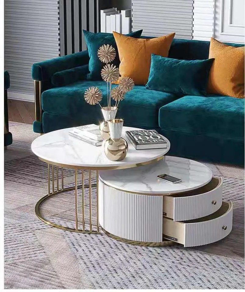 KONFERENČNÝ STOLÍK GASTON 2v1 BIELY MRAMOR + ZLATÝ