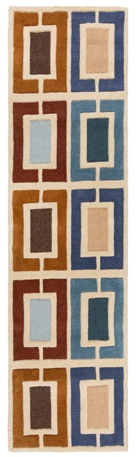 Modro-oranžový ručne tkaný vlnený behúň 60x230 cm Retro Blocks – Flair Rugs