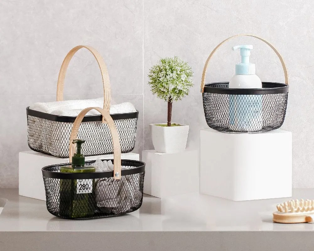 CONFORTIME Kovový košík s bambusovou rúčkou, biely 23,5 x 17,5 x 10 cm