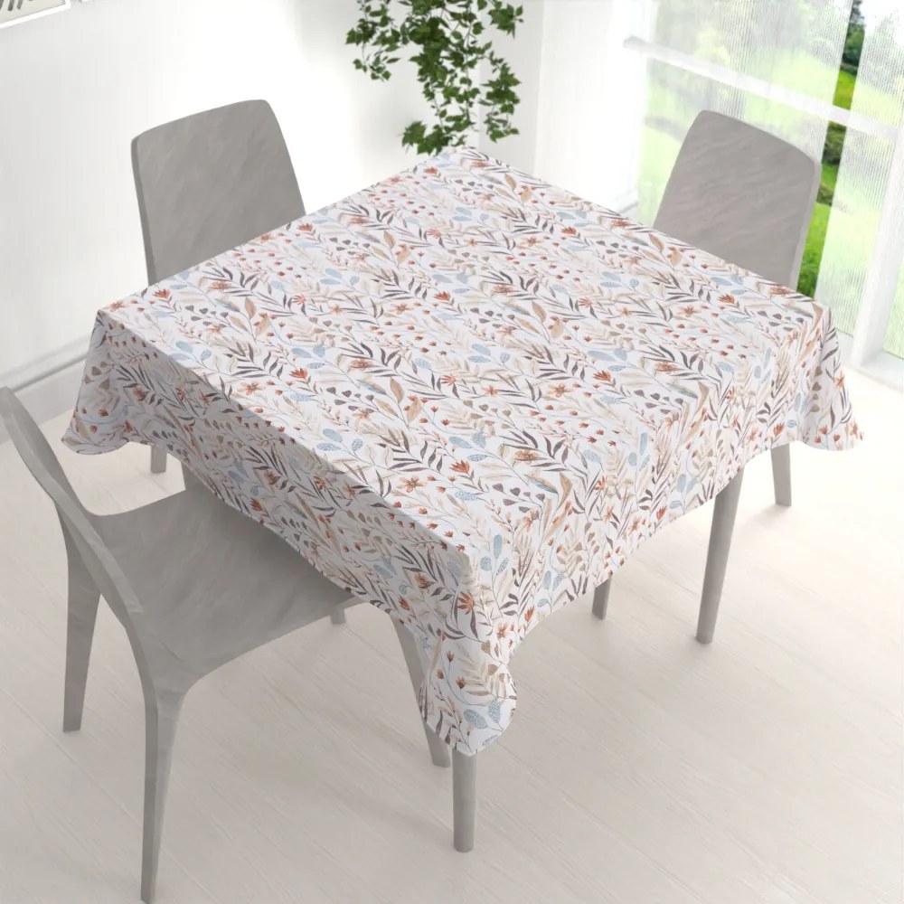 Biante Veľký dekoračný štvorcový obrus Leona LN-163 Jesenné vetvičky na bielom 150x150 cm