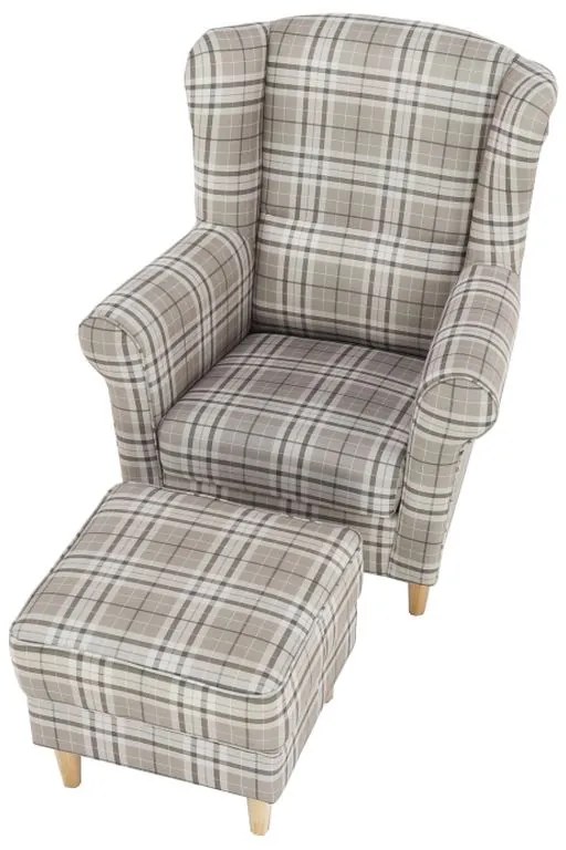 Kondela Kreslo, ušiak s taburetom, hnedé káro látka, ASTRID