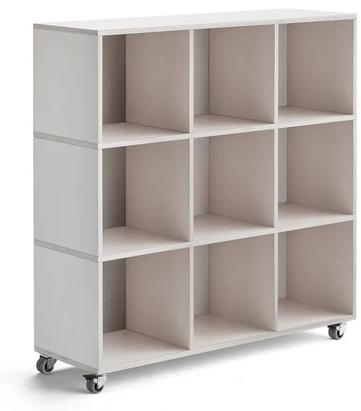 Drevená úložná skriňa RICO, s kolieskami, 9 priehradiek, Š 1200 mm, biela