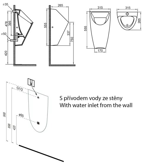 Bruckner - Pisoár SCHWARN zadný prívod, zadný odpad keramika/biela