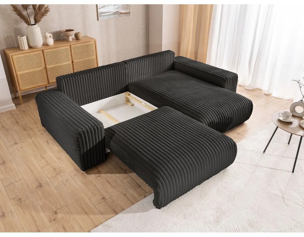 Tmavosivá menčestrová rozkladacia/s úložným priestorom rohová pohovka (pravý roh) Sarina – Ropez