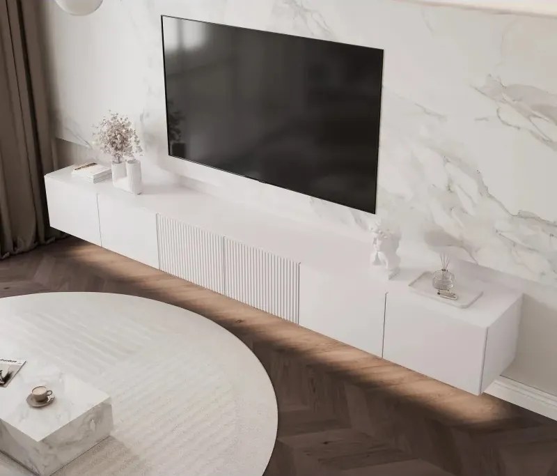 Moderná závesná TV skrinka Dorothy hladká + drážky 300 cm biela