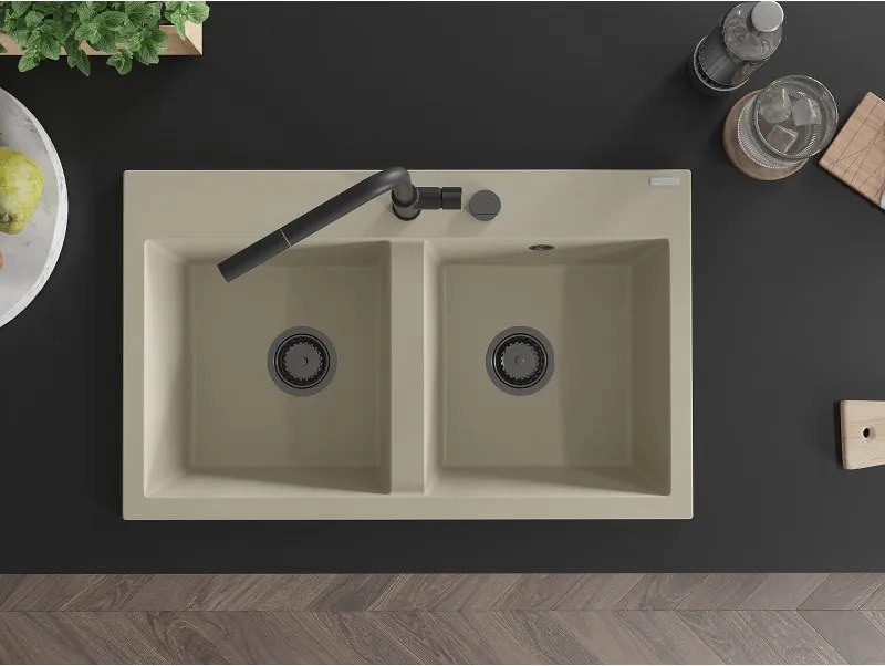 Mexen Hektor, 2-komorový granitový drez 800x480x205 mm, béžová, grafitový sifón, 6521802000-69-B