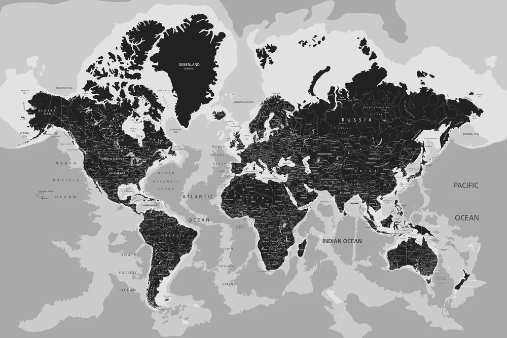 Obraz podrobná mapa sveta v čiernobielom prevedení