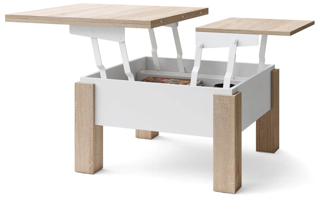 Mazzoni OSLO dub sonoma / biely mat, rozkladací konferenčný stolík s výškovo nastaviteľnou stolovou doskou