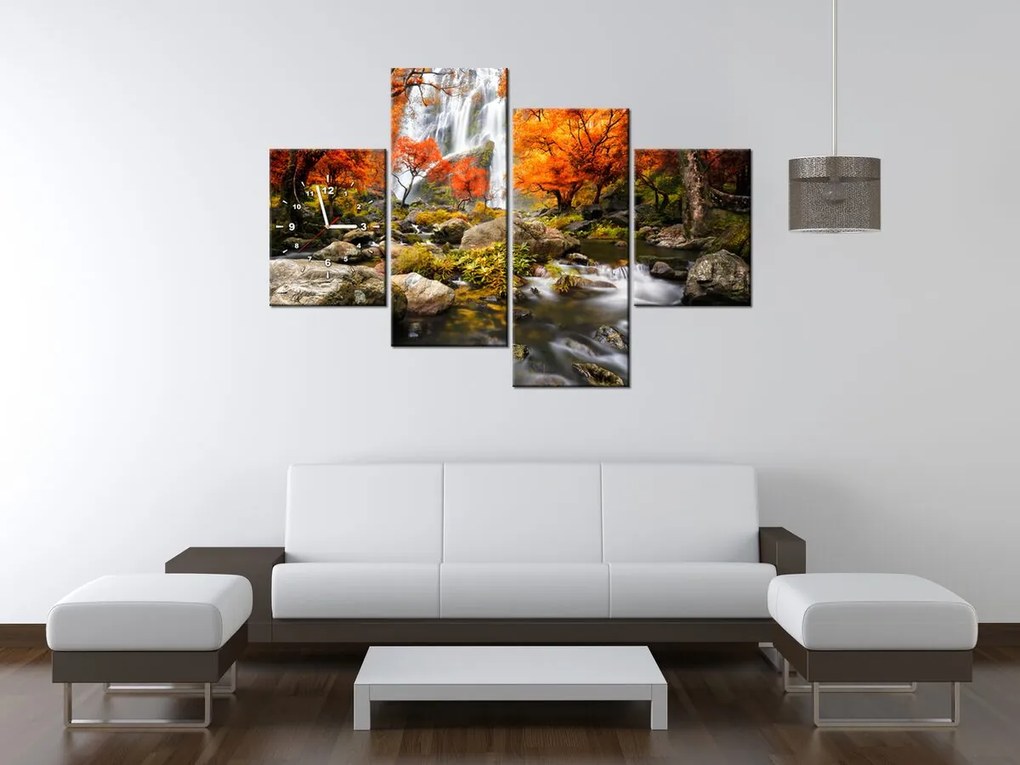 Gario Obraz s hodinami Jesenný vodopád - 4 dielny Rozmery: 120 x 70 cm