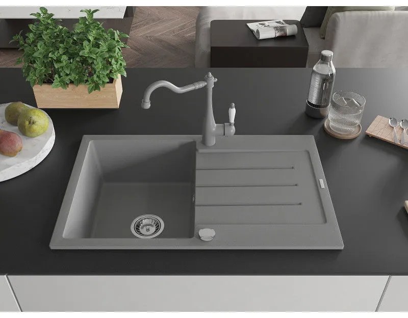 Mexen Bruno, granitový drez 795x495x200 mm, 1-komorový a drezová batéria Carla, šedá, 6513-71-670700-71