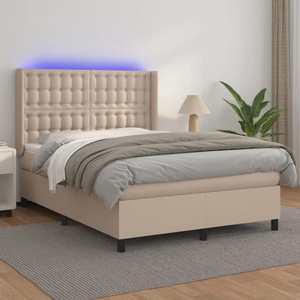 Boxspring posteľ matrac a LED kapučínová 140x200 cm umelá koža 3139390