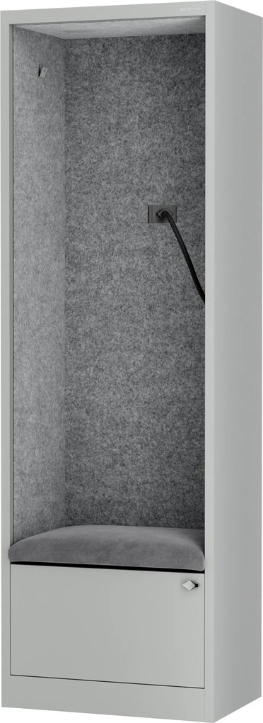 Kancelárska akustická kabína so sedadlom a portom USB-C, telo v sivý / sedák sivá v zelenej farbe, 600 mm: SALLY MentalBox