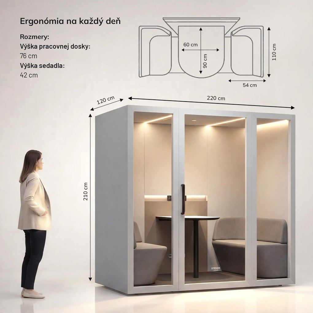 Akustická kancelárska kabína INBOX pre 4 osoby 2200 × 2200 × 1220 mm