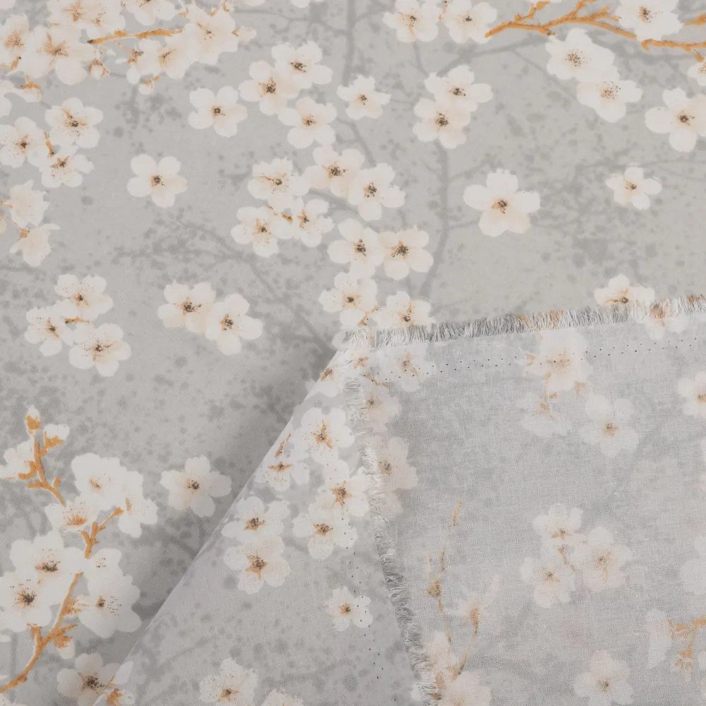 Biante Bavlnený záves Sandra SA-634 Biele čerešňové kvety na sivom 150x220 cm