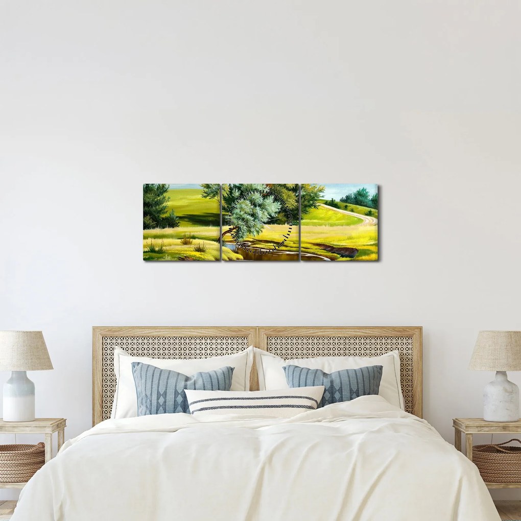 Obraz - Rieka medzi lúkami, olejomaľba (s hodinami) (90x30 cm)