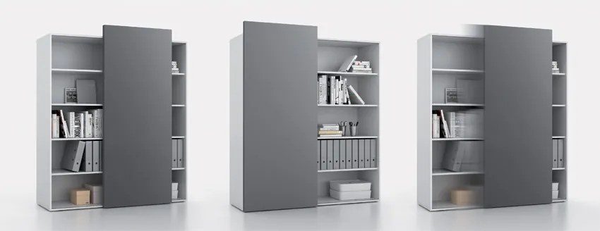 Kancelársky regál s posuvným panelom BLOCK, 1600 × 400 × 1748 mm, prírodný dub/grafitová