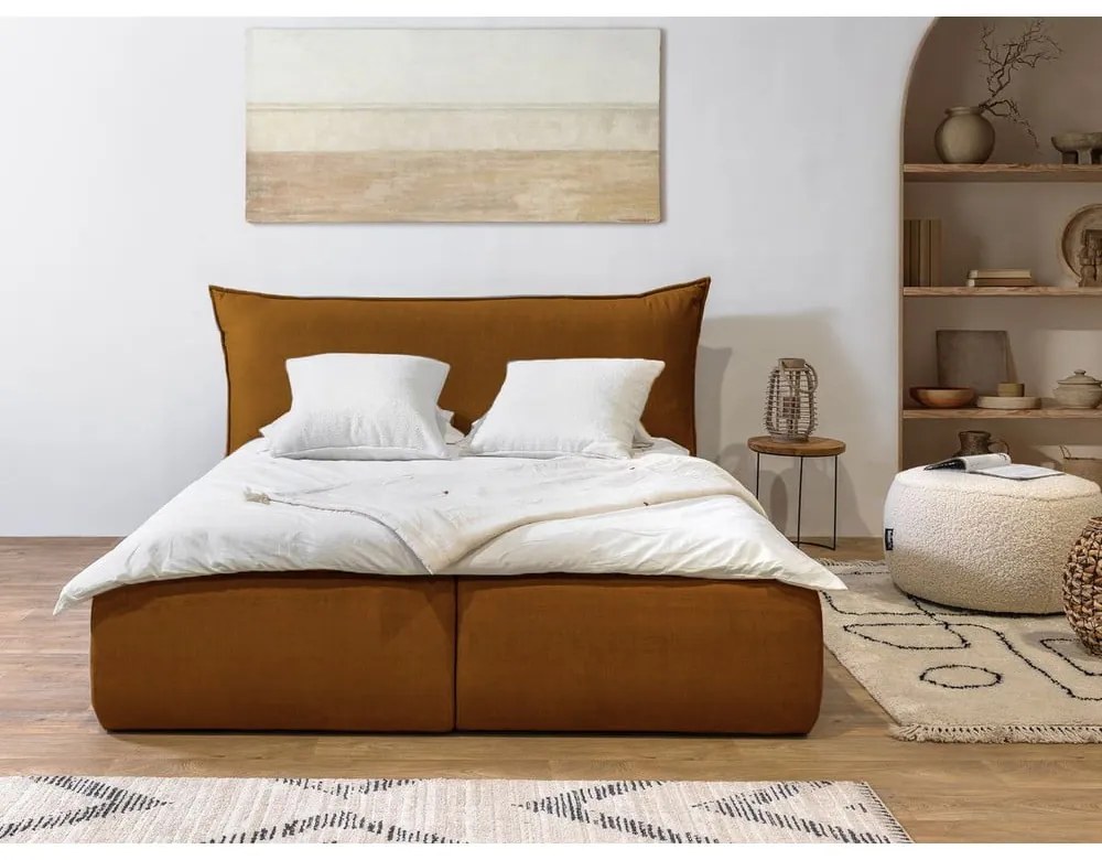 Okrovožltá čalúnená dvojlôžková posteľ s úložným priestorom s roštom 180x200 cm Jade – Bobochic Paris