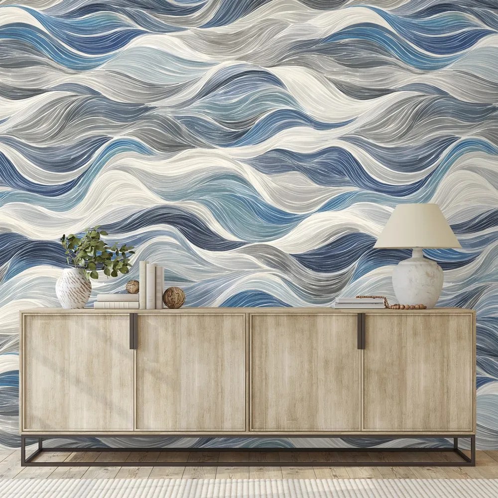 Samolepiaca tapeta modré vlny na sivom pozadí