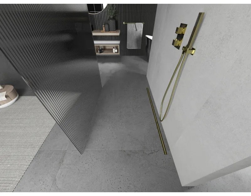 Mexen Kioto, sprchová zástena Walk-In 110 x 200 cm, 8mm sklo s rebrovým vzorom, zlatý profil, 800-110-002-50-09