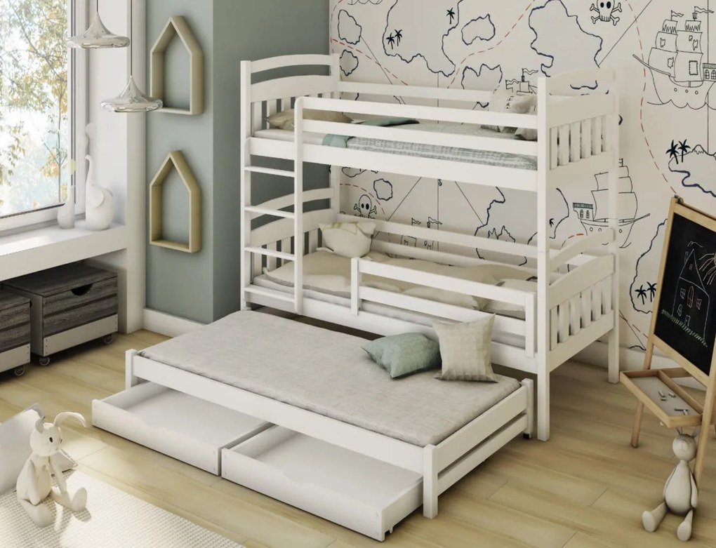 Detská poschodová posteľ z masívu borovice ALDA s prístelkou a šuplíky - 200x90 cm - biela