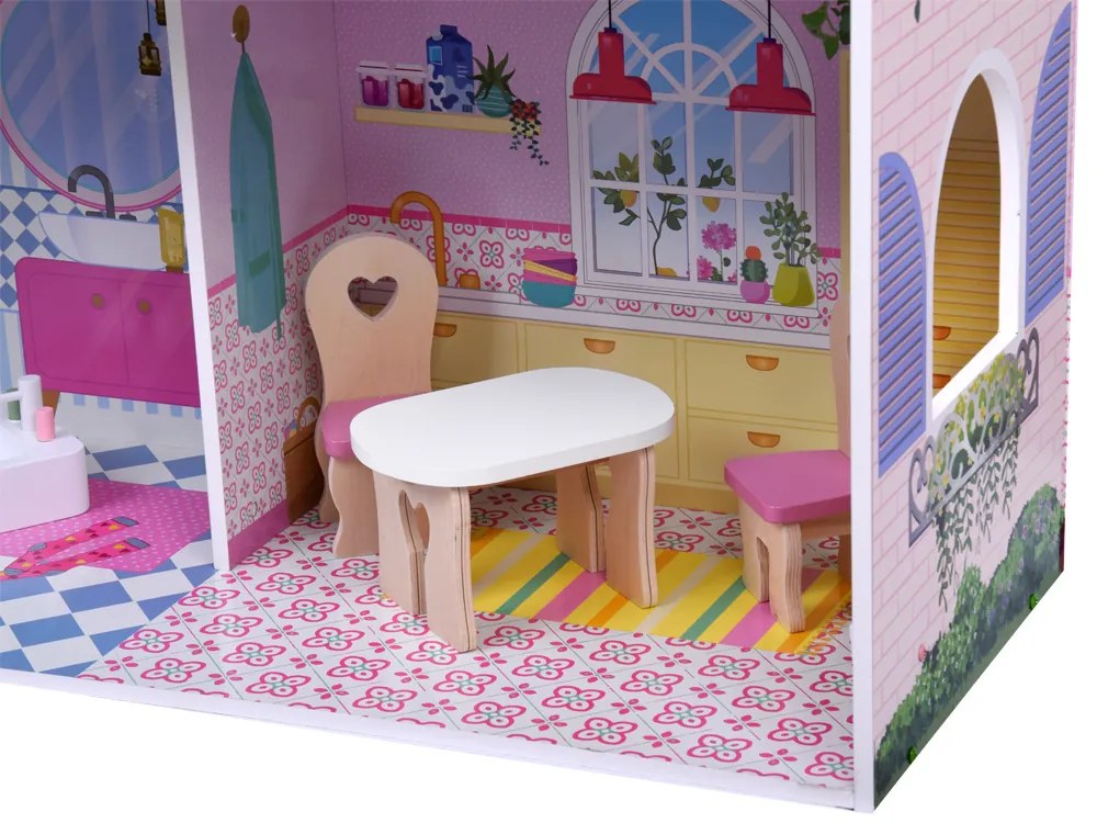 Veľký drevený domček pre bábiky s výťahom, garážou, balkónom a nábytkom – ZA5388