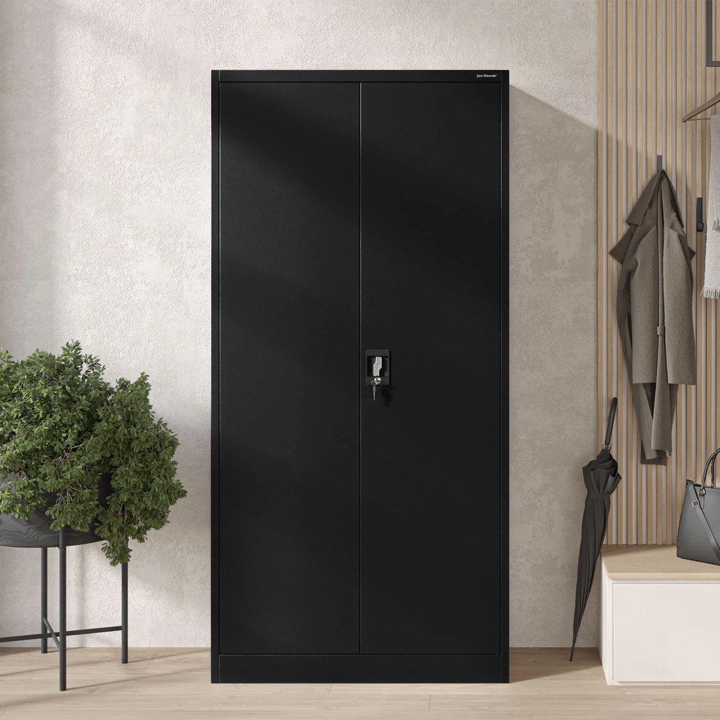 Multifunkčná kovová skriňa s vešiakom, čierna, 900x1850x450 mm: DAWID All Black