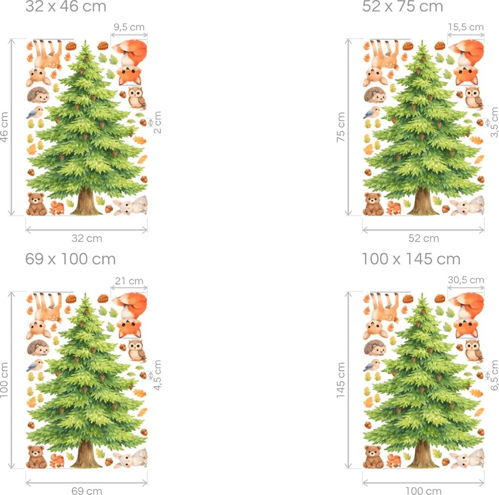 Roztomilé zvieratká a strom textilné prelepovacie nálepky na stenu arch 32 x 46 cm